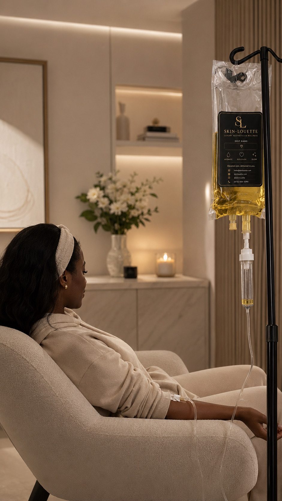 Client relaxing during a Skin-Louette concierge IV therapy session
